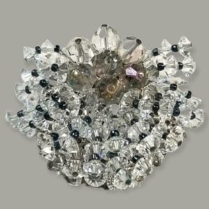 Vintage 1950s Mid Century Smoke Crystal and Seed Bead Brooch
